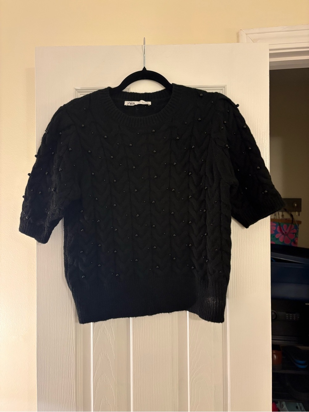 Zara Black Beaded Cable Knit Short Sleeve Sweater